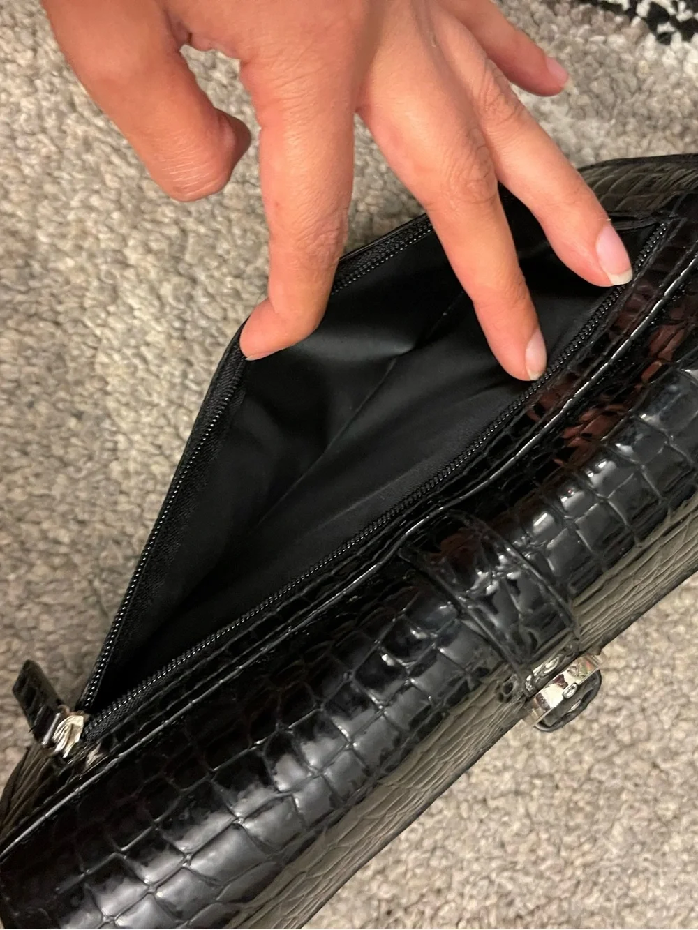 Black Croc-Embossed Leather Clutch with Silver Buckle